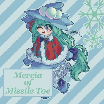 Rule 34 | 1girl, aqua hair, blue background, blue boots, blue dress, blue hat, blue mittens, blue outline, boots, braid, character name, dated, diagonal-striped background, dress, footwear ribbon, full body, hair ribbon, hat, highres, jacket, long hair, missile toe (plants vs. zombies), mittens, multicolored jacket, one eye closed, open mouth, original, outline, personification, plants vs. zombies, plants vs. zombies 2, ponytail, purple eyes, purple ribbon, ribbon, signature, single braid, smile, snowflakes, solo, striped background, teeth, two-tone jacket, two-tone ribbon, upper teeth only, user vsvc2775