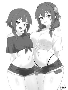 2girls :d artist_name asymmetrical_docking black_panties blunt_bangs blush braid breast_on_breast breast_press breasts commentary cowboy_shot crop_top crown_braid denim denim_shorts english_commentary exposed_pocket flat_chest greyscale hair_between_eyes hand_on_another's_waist highres kono_subarashii_sekai_ni_shukufuku_wo! large_breasts looking_at_viewer low_twintails megumin micro_shorts midriff monochrome multiple_girls navel open_fly open_mouth panties panty_straps parted_lips shirt short_hair short_twintails shorts side-by-side sidelocks signature simple_background single_bare_shoulder smile stomach stomach_focus thighs tied_shirt twintails unbuttoned underwear white_background xubi yunyun_(konosuba)