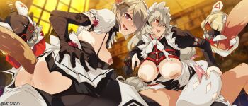 2boys 2girls alexandrina_sebastiane anal anastella_(zenless_zone_zero) ass bangboo_(zenless_zone_zero) black_dress black_gloves black_pantyhose breasts brown_hair commentary dress drusilla_(zenless_zone_zero) english_commentary erection fingerless_gloves gloves grey_hair group_sex hetero highres honkai_(series) honkai_impact_3rd indoors large_breasts long_hair maid_headdress mihoyo multiple_boys multiple_girls nipples open_mouth orgy orphen_(pink_seito) pantyhose penis purple_eyes rita_rossweisse rita_rossweisse_(umbral_rose) sex sex_from_behind short_hair uncensored very_long_hair white_pantyhose zenless_zone_zero