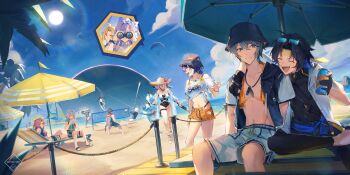 6+boys 6+girls absurdres alternate_costume anby_demara animal_ears arm_around_shoulder asaba_harumasa beach beach_umbrella beach_volleyball belle_(summer_skies)_(zenless_zone_zero) belle_(zenless_zone_zero) bikini bikini_top_under_shirt bikini_under_clothes bikini_bottom_under_shorts billy_kid binoculars black_gloves black_one-piece_swimsuit black_vest black_wetsuit blonde_hair blue_oni blue_skin blue_sky bow bucket_hat buttons can cloud colored_skin commentary_request crop_top day eating eyewear_on_head fish_hat fox_ears fox_girl glasses gloves green_eyes grey_hair hair_between_horns hair_bow hair_ornament hair_ribbon hat headband highres holding holding_binoculars holding_can holding_weapon hollow_(zenless_zone_zero) hood hooded_jacket hooded_vest hoodie horizon horns hoshimi_miyabi hugo_vlad innertube jacket letter_hair_ornament lighter_(zenless_zone_zero) lyrie_luna male_swimwear multicolored_horns multiple_boys multiple_girls navel nicole_demara nicole_demara_(cunning_cutie) ocean off-shoulder_shirt off_shoulder one-piece_swimsuit oni open_clothes open_jacket open_vest orange_bikini orange_shorts outdoors palm_tree paraglider partially_fingerless_gloves pink_hair purple_hair ribbon sand sandals see-through_clothes see-through_shirt seth_lowell shirt shore shorts sitting sky sleeveless sleeveless_jacket slippers soukaku_(zenless_zone_zero) summer sun swim_ring swim_trunks swimsuit tied_shirt topless_male towel towel_around_neck tree tsukishiro_yanagi two-tone_horns two-tone_one-piece_swimsuit two_side_up umbrella vest vivian_banshee volleyball_net water weapon white_bow white_hair white_jacket white_one-piece_swimsuit white_shorts wise_(peaceful_waves)_(zenless_zone_zero) wise_(zenless_zone_zero) yellow_headband yellow_ribbon zenless_zone_zero
