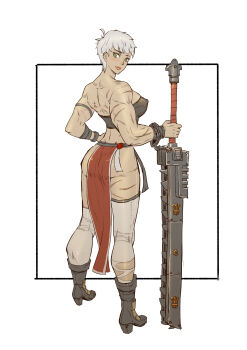 1girl absurdres adepta_sororitas back boots bracelet chain chainsword covered_erect_nipples green_eyes high_heels highres honglun jewelry looking_back muscular muscular_female purity_seal scar short_hair sister_repentia smile thighhighs warhammer_40k white_background white_hair