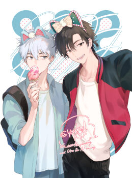 2boys :d alternate_costume animal_ear_hairband animal_ears backpack bag black_bag black_hair black_jacket black_pants blue_pants blue_shirt bow brown_eyes brown_hair cat_ear_hairband cat_ears cheng_xiaoshi collarbone collared_shirt commentary_request cowboy_shot eating fake_animal_ears food grey_eyes hair_between_eyes hair_bow hairband hand_up holding holding_food holding_ice_cream_cone ice_cream ice_cream_cone jacket long_sleeves looking_at_viewer lu_guang male_focus multicolored_jacket multiple_boys open_clothes open_jacket open_mouth pants polka_dot polka_dot_bow ponytail reaching reaching_towards_viewer red_jacket selfie shiguang_dailiren shirt short_hair short_ponytail simple_background smile standing teeth twitter_username two-tone_jacket undershirt watermark white_background white_hair white_shirt yoakedaxyx