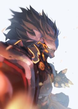 1boy artificial_eye banyue_(zenless_zone_zero) blurry blurry_foreground claws clothed_robot clothes_around_waist commentary_request grey_hair hand_up highres holding holding_orb humanoid_robot long_hair male_focus mechanical_eye mechanical_hands metal_skin orb robot robot_boy simple_background solo tsubakuro31 upper_body white_background zenless_zone_zero