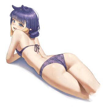 1girl :d absurdres adversarial_noise alternate_costume alternate_hairstyle ass bikini blue_eyes blunt_bangs commentary cropped_legs english_commentary flat_chest gradient_hair hair_bun highres hololive hololive_english looking_at_viewer lying median_furrow mole mole_under_eye multicolored_hair ninomae_ina'nis on_stomach open_mouth orange_hair pointy_ears print_bikini purple_bikini purple_hair samukzz short_hair sidelocks simple_background single_hair_bun smile solo swimsuit teeth tentacle_hair upper_teeth_only virtual_youtuber wet white_background