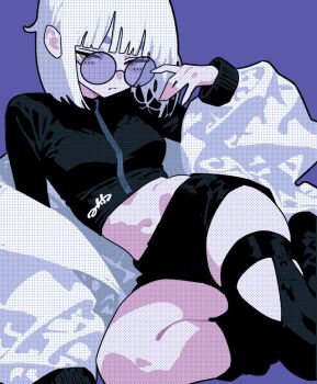 1girl asymmetrical_legwear black_shirt black_shorts black_socks black_thighhighs brown_eyes closed_mouth coat coat_partially_removed commentary_request crop_top cropped_shirt dithering expressionless full_body glasses hand_up highres long_sleeves medium_hair midriff minminmince navel original purple_background reclining round_eyewear shirt short_shorts shorts simple_background single_thighhigh socks solo thighhighs white_coat white_hair