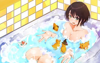 1girl absurdres bath bathtub blue_eyes breasts brown_hair bubble commentary_request completely_nude highres hololive in_bathtub jape_(ja_pehhhh) medium_breasts murasaki_shion nude oozora_subaru open_mouth partially_submerged rubber_duck short_hair soap_bubbles solo tile_wall tiles virtual_youtuber