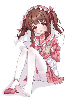 1girl blush brown_eyes brown_hair eluthel feet highres idolmaster idolmaster_cinderella_girls long_hair looking_at_viewer ogata_chieri open_mouth pantyhose shoes soles toes twintails unworn_shoes white_pantyhose