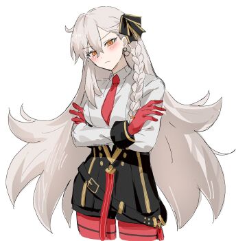 1girl asymmetrical_bangs black_skirt blush breasts collared_shirt crossed_arms earrings fate/grand_order fate_(series) gloves grey_hair hair_ribbon high-waist_skirt highres hoop_earrings jewelry long_hair long_sleeves looking_at_viewer medium_breasts necktie nekwnek olga_marie_animusphere olga_marie_animusphere_(unbeast) orange_eyes pantyhose pencil_skirt red_gloves red_pantyhose ribbon shirt skirt solo thighs white_shirt