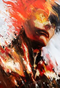 1boy agni_(fire_punch) black_hair burn_scar burning closed_mouth commentary fire fire_punch highres kyezzzz male_focus scar short_hair solo yellow_eyes