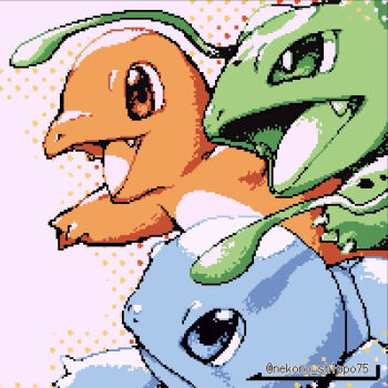 bright_pupils bulbasaur charmander claws commentary_request fang gen_1_pokemon highres looking_ahead nako_(nekono_shippo75) nintendo no_humans open_mouth pixel_art plant pokemon pokemon_(creature) squirtle starter_pokemon_trio twitter_username vines white_pupils