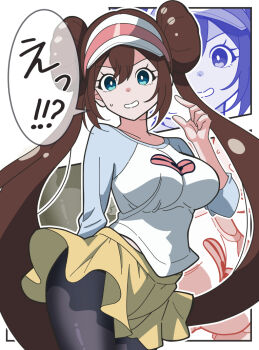 1girl black_pantyhose blue_eyes breasts brown_hair commentary_request cowboy_shot double_bun hair_bun hand_up kanbei_(pixiv11037490) long_hair looking_at_viewer nintendo pantyhose pokemon pokemon_bw2 rosa_(pokemon) shirt skirt smile solo translation_request twintails visor_cap yellow_skirt zoom_layer