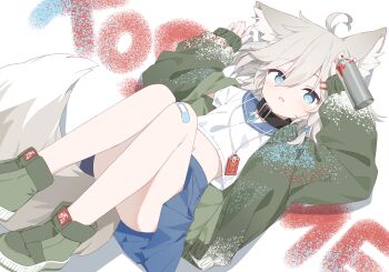 Rule 34 | 1girl, animal ears, bandaid, bandaid on knee, bandaid on leg, black collar, blue skirt, boots, collar, commentary request, commission, crop top, cropped shirt, fox ears, fox girl, fox tail, green boots, green jacket, grey hair, highres, jacket, long sleeves, looking at viewer, lying, magatama, miniskirt, navel, on back, open clothes, open jacket, original, pleated skirt, sailor collar, sailor shirt, shirt, short hair, skeb commission, skirt, spray paint, tail, urotsuki (ku9625), white shirt