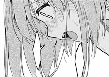 1girl close-up constricted_pupils drooling female_orgasm hair_between_eyes hara_tsumoi kono_shima_ni_wa_midara_de_jaaku_na_mono_ga_sumu looking_down non-web_source open_mouth orgasm profile raised_inner_eyebrows short_hair solo speech_bubble sweat yoruto_umi