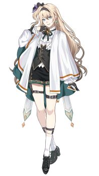 1girl absurdres ailinzi aqua_eyes black_gloves black_hairband black_ribbon black_shorts black_vest blonde_hair bow center_frills chinese_commentary closed_mouth commentary_request earrings frills full_body gloves hairband half_gloves highres jewelry long_hair long_sleeves looking_at_viewer neck_ribbon one_side_up original puffy_long_sleeves puffy_sleeves ribbon shirt shoes shorts simple_background skirt smile socks solo standing tachi-e thigh_strap very_long_hair vest virtual_youtuber white_background white_shirt white_socks