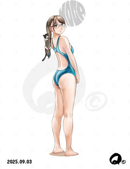 1girl artist_logo ass barefoot blue_one-piece_swimsuit brown_hair cat commentary_request competition_swimsuit dated from_behind full_body glasses grey_eyes kneepits logo long_hair one-piece_swimsuit original ponytail q98780409 racerback solo swimsuit