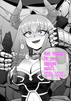 1girl 3boys armor aura_(sousou_no_frieren) blue_eyes breasts clothing_cutout confused constricted_pupils demon_girl demon_horns dress elbow_gloves english_text eyelashes gloves grabbing_another&#039;s_arm greyscale hands_up highres horns large_breasts long_hair looking_afar monochrome multiple_boys navel_cutout nervous nervous_smile open_mouth orgoglioso_banane restrained scared shortstack size_difference smile solo_focus sousou_no_frieren speech_bubble strapless strapless_dress teeth undead upper_body upper_teeth_only
