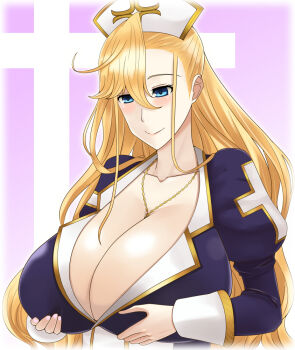 Rule 34 | 1girl, artist request, between breasts, blonde hair, blue eyes, blush, breast hold, breasts, cleavage, female focus, huge breasts, jewelry, long hair, necklace, smile, solo, upper body