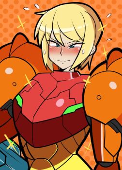 armor blonde_hair blue_eyes blush gun iriomote_umineko metroid nintendo orange_background polka_dot polka_dot_background power_armor samus_aran shine short_hair standing weapon