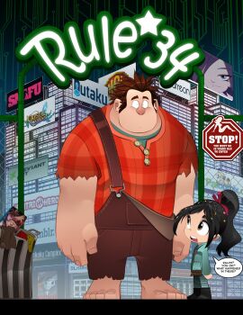 Rule 34 | 1boy, 1girl, aqua hoodie, aqua pants, barefoot, black footwear, black hair, bleedman, brown eyes, brown hair, building, chain-link fence, closed mouth, commentary, copyright request, deviantart, dlsite.com, english commentary, english text, fence, full body, hentai heroes, highres, hoodie, implied pornography, long sleeves, male focus, meme, nutaku, open mouth, overalls, overwatch, pants, patreon, plaid clothes, plaid shirt, ponytail, red overalls, red shirt, rule34.xxx, rule 34 (meme), sankaku complex, shadman (avatar), shirt, short sleeves, size difference, skirt, speech bubble, thousand yard stare, torn clothes, tracer (overwatch), trash can, tumblr, urban, vanellope von schweetz, wanted poster, warner bros., wreck-it ralph, wreck-it ralph (character), zone-tan