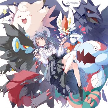 1girl ahoge blue_hair blush boots character_request cinderace clefable corviknight double_bun dracovish gen_1_pokemon gen_4_pokemon gen_5_pokemon gen_8_pokemon green_eyes hair_bun high-waist_skirt high_heel_boots high_heels long_hair luxray nintendo pokemon pokemon_(creature) skirt smile srinitybeast zoroark