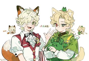 2boys :/ :d animal_ears ascot bandage_over_one_eye black_ribbon blonde_hair chibi coldrex8 cosplay costume_switch cross-shaped_pupils curly_hair dog_boy dog_ears dog_tail fangs florian_brand florian_brand_(leonard) fox_boy fox_ears fox_tail frilled_ascot frills frog green_eyes green_shirt hair_intakes heterochromia highres hooded_shirt identity_v layered_sleeves long_sleeves looking_at_viewer male_focus multiple_boys neck_ribbon official_alternate_costume open_mouth puffy_sleeves red_eyes ribbon richard_sterling richard_sterling_(mentor_k) shirt short_over_long_sleeves short_sleeves smile striped_blush symbol-shaped_pupils tail upper_body waving wavy_hair white_ascot white_shirt