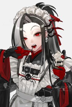 Rule 34 | 1girl, 2025, apron, arms up, arthropod limbs, asymmetrical bangs, belt, belt buckle, black gloves, black hair, black kimono, buckle, buttoned cuffs, buttons, cherry, commission, cup, drinking glass, ear piercing, earrings, fangs, food, forehead, frills, fruit, gloves, grey streaks, hair intakes, hair over one eye, hair ribbon, holding, holding cup, holding wafer stick, ice cream, japanese clothes, jewelry, kimono, lace trim, long bangs, long hair, long sleeves, looking at viewer, maid, maid apron, maid headdress, makeup, multicolored hair, open mouth, oreo, original, piercing, ponytail, quan 1919, raised eyebrows, red eyes, red gloves, red ribbon, ribbon, side part, sidelocks, signature, simple background, skull, skull earrings, solo, spider web print, streaked hair, sundae, two-tone gloves, two-tone hair, upper body, wafer stick, whipped cream, white apron, white background