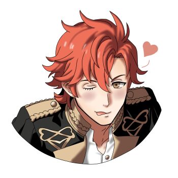 1boy ;q absurdres blush brown_eyes eyelashes fire_emblem fire_emblem:_three_houses flirting garreg_mach_monastery_uniform heart highres nekomoni nintendo one_eye_closed red_hair shirt solo sticker sylvain_jose_gautier tongue tongue_out white_shirt