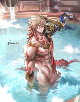 2boys abs absurdres antenna_hair arm_tattoo armlet armor bathhouse black_coat black_shirt blonde_hair blue_cape blue_eyes braid cape chest_tattoo clawed_gauntlets coat earrings facial_tattoo gold_earrings gold_necklace gradient_hair hand_on_own_head highres honkai:_star_rail honkai_(series) jewelry male_focus medium_hair multicolored_hair multiple_boys muscular muscular_male mydei_(honkai:_star_rail) necklace open_clothes open_coat parted_bangs partially_submerged pauldrons phainon_(honkai:_star_rail) red_cape red_hair red_tattoo shirt short_hair shoulder_armor side_braid side_cape single_pauldron tattoo trmro0612 white_coat white_hair yellow_eyes