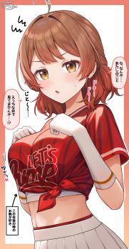 1girl absurdres blush breasts brown_eyes brown_hair commentary_request elbow_gloves gakuen_idolmaster gloves hanami_ume hands_up highres idolmaster large_breasts looking_at_viewer midriff open_mouth pleated_skirt ramchi red_shirt shirt short_hair skirt solo speech_bubble tied_shirt translation_request upper_body v-shaped_eyebrows white_skirt