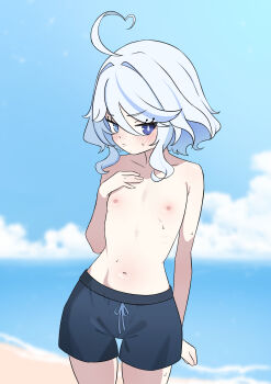 1girl absurdres ahoge arutemisu180 beach blue_sky commentary crossdressing crossdressing_(ftm) day english_commentary exhibitionism flat_chest furina_(genshin_impact) genshin_impact highres male_swimwear male_swimwear_challenge navel nipples outdoors public_indecency sky solo stomach wide_hips