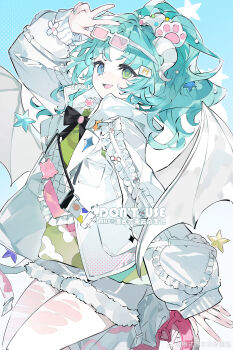 1girl a0akumu absurdres bat_wings green_hair heterochromia highres jacket non-web_source open_mouth smile white_jacket wings