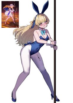 1girl 2na_(blue2na) absurdres animal_ear_hairband animal_ears aqua_bow aqua_bowtie bare_shoulders blonde_hair blue_archive blue_leotard blue_ribbon blue_shoes blush bow bowtie breasts cleavage commentary cosplay covered_navel detached_collar fake_animal_ears fake_tail full-face_blush full_body game_screenshot_inset hair_ribbon hairband high_heels highres holding holding_pole leotard long_hair medium_breasts pantyhose parted_lips phoebe_(wuthering_waves) playboy_bunny pole purple_eyes rabbit_ear_hairband rabbit_ears rabbit_tail ribbon shoes simple_background solo standing strapless strapless_leotard stripper_pole tacet_mark_(wuthering_waves) tail toki_(blue_archive) toki_(blue_archive)_(cosplay) toki_(bunny)_(blue_archive) white_background white_pantyhose wrist_cuffs wuthering_waves