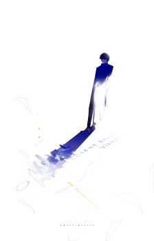 1boy absurdres black_hair coat copyright_name different_shadow disintegration falling_paper full_body halo highres kim_dokja male_focus omniscient_reader&#039;s_viewpoint open_clothes open_coat roellm short_hair solo standing white_coat