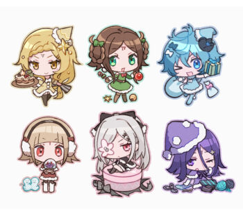 6+girls :&lt; :d :o black_bow black_dress blonde_hair blue_dress blue_eyes blue_hair blue_hat bow brown_hair chibi chibi_only christmas covered_mouth drag-on_dragoon drag-on_dragoon_3 dress earmuffs facial_mark five_(drag-on_dragoon) flower flower_over_eye forehead_mark four_(drag-on_dragoon) green_dress green_eyes grey_hair hair_between_eyes hair_bow hair_rings hat holding holding_sack long_hair looking_at_viewer miichinori mini_hat multiple_girls one_(drag-on_dragoon) one_eye_closed open_mouth purple_dress purple_eyes purple_hair purple_hat red_dress red_eyes sack santa_hat short_hair simple_background sitting smile three_(drag-on_dragoon) two_(drag-on_dragoon) white_background yellow_dress yellow_eyes zero_(drag-on_dragoon)