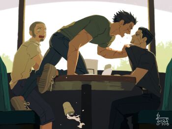 3boys alternate_universe angry belt black_hair black_pants black_shirt blue_pants booth_seating buzz_cut capri_pants clothes_grab collared_shirt commentary contemporary crew_neck cup dated denim erm_nkcn eye_contact facial_hair facial_scar goatee golden_kamuy grey_hair grey_shirt hair_slicked_back highres jeans kneeling looking_at_another male_focus multiple_boys multiple_scars nervous_sweating ogata_hyakunosuke open_mouth pants scar scar_on_arm scar_on_cheek scar_on_face shiraishi_yoshitake shirt shirt_grab shoelaces shoes short_hair short_sideburns shouting sitting sneakers spilling sugimoto_saichi sweat symbol-only_commentary table teeth tree upper_teeth_only very_short_hair white_shirt wide-eyed window wing_collar