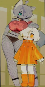 ahoge animal_ears black_panties blush boots breast_rest breasts breasts_on_head cat_ears cat_girl cat_tail commentary commission contrapposto dog_boy dog_ears drawstring english_commentary fishnet_pantyhose fishnets flying_sweatdrops furry furry_female furry_male furry_with_furry green_eyes grey_hair hair_over_one_eye hand_on_own_hip height_difference jacket large_breasts navel nose_blush orange_boots orange_eyes orange_jacket original panties pantyhose red_shirt second-party_source shirt short_hair standing tail underwear wamudraws white_hair