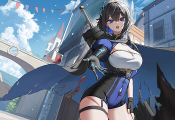 1girl absurdres belt black_belt black_cape black_hair blue_eyes breasts building cape cleavage cloud commentary_request emma_0215 hand_on_own_thigh highres indie_virtual_youtuber korean_commentary open_mouth reaching reaching_towards_viewer scar scar_on_arm sen_carmen sky solo sword teeth upper_teeth_only virtual_youtuber weapon weapon_on_back