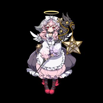 Rule 34 | 1girl, angel, angel wings, apron, black background, black pantyhose, blush, breasts, choker, closed mouth, dress, feathered wings, frilled apron, frilled dress, frills, full body, grey choker, hair between eyes, halo, holding, holding staff, long hair, long sleeves, looking at viewer, mary janes, merc storia, merc storia art team, official art, pantyhose, pink eyes, pink hair, pistia (merc storia), red shoes, shoes, simple background, small breasts, smile, solo, staff, star (symbol), tachi-e, tareme, veil, waist apron, white dress, white wings, wings
