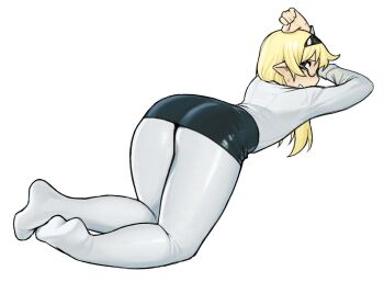 1girl arm_up ass black-framed_eyewear black_hairband blonde_hair brown_eyes dress_shirt from_behind full_body furrowed_brow glasses hairband hira_(yirtios) kneeling long_hair long_sleeves looking_at_viewer looking_back miniskirt no_shoes office_lady original pantyhose pencil_skirt semi-rimless_eyewear shirt simple_background skirt solo sweatdrop white_background white_pantyhose white_shirt yirtios