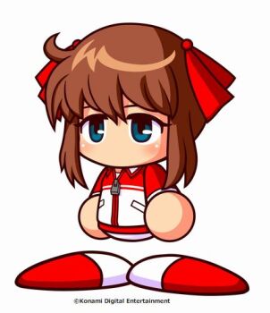 Rule 34 | 1girl, artist request, blue eyes, brown hair, commentary request, copyright notice, hair ribbon, hirokawa takemi, jacket, jikkyou powerful pro yakyuu, jikkyou powerful pro yakyuu (style), lowres, multicolored jacket, multicolored shoes, no mouth, official art, power pro appli, power pro kun pocket, power pro kun pocket 9, rayman limbs, red jacket, red ribbon, red shoes, ribbon, shirt, shoes, solo, track jacket, two-tone shoes, white background, white jacket, white shirt, white shoes