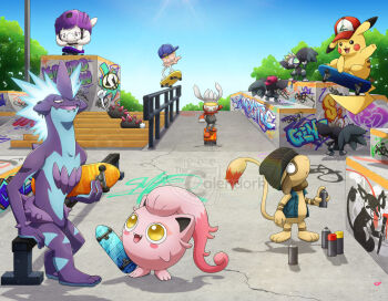 :3 alolan_form alolan_rattata alternate_color articuno artist_name ash_ketchum backwards_hat baseball_cap beanie bench black_hat blue_hat blue_jacket cetoddle clothed_pokemon commentary crack denim denim_jacket ear_piercing english_commentary face_piercing fangs gen_1_pokemon gen_2_pokemon gen_7_pokemon gen_8_pokemon grafaiai graffiti hat helmet holding holding_skateboard holding_spray_can jacket legendary_pokemon looking_up mouth_piercing nintendo on_bench open_clothes open_jacket open_mouth orange_eyes piercing pikachu pink_hat pokemon pokemon_(anime) pokemon_(classic_anime) pokemon_(creature) pokemon_focus pokemon_go pokemon_sm purple_helmet pyukumuku raboot railing red_hat scared scream_tail shiny_pokemon signature sitting skateboard skateboarding sleeveless sleeveless_jacket smeargle smile spray_can spray_paint team_mystic team_skull thecalendork thumbs_up toedscool toxtricity toxtricity_(low_key) tree watermark wavy_mouth yellow_eyes