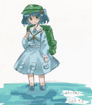 Rule 34 | 1girl, absurdres, artist name, backpack, bag, blue boots, blue eyes, blue hair, blue shirt, blue skirt, boots, commentary, dated, green bag, green hat, hair bobbles, hair ornament, hat, highres, jewelry, kawashiro nitori, key, key necklace, looking at viewer, mai kao chang de a yi, necklace, rubber boots, shirt, skirt, solo, touhou, two side up, wading, water