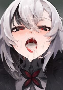1girl absurdres after_fellatio arlecchino_(genshin_impact) black_eyes black_streaks blush commentary_request cum cum_in_mouth cum_on_body dental_filling facial fatui_coat fur_trim genshin_impact grey_hair hair_between_eyes highres inlay looking_at_viewer medium_hair mouth_focus multicolored_hair open_mouth portrait ramsar realistic_teeth red_pupils solo straight-on streaked_hair symbol-shaped_pupils teeth tongue tongue_out uvula variant_set x-shaped_pupils