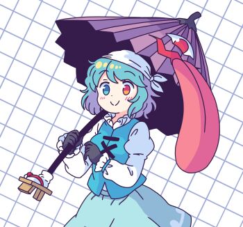 1girl absurdres black_gloves blue_eyes blue_hair blue_vest blush breasts closed_mouth commentary english_commentary gloves headscarf heterochromia highres holding holding_umbrella juliet_sleeves karakasa_obake long_sleeves looking_at_viewer pioartstuff puffy_sleeves purple_umbrella red_eyes shirt smile solo tatara_kogasa touhou umbrella vest white_headscarf white_shirt