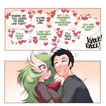 1boy 1girl 2koma black_hair black_shirt breasts bright_pupils brown_shirt caught comic dialogue_box english_text eyelashes gardevoir gen_3_pokemon gradient_background green_hair heart hetero highres hornyvoir_(saltyxodium) implied_kiss interrupted knocking lipstick lipstick_mark makeup medium_breasts mega_gardevoir mega_pokemon motion_lines nintendo pokemon pokephilia red_eyes saltyxodium shirt sound_effects speech_bubble surprised sweat upper_body white_pupils