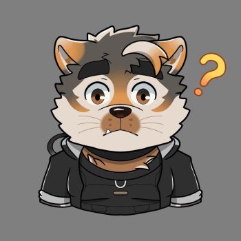 1boy ? animal_ears black_jacket black_shirt brown_eyes brown_fur chibi closed_mouth commentary curious dog_boy dog_ears animal_nose english_commentary fang grey_background highres hood hooded_jacket jacket live_a_hero looking_at_viewer shirt sterio_(live_a_hero) thick_eyebrows whiskers yojanmarrion