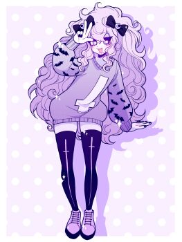 1girl absurdres black_nails bow colored_skin commentary commission cross dreamalgia drop_shadow english_commentary eyeball_hair_ornament hair_bow highres long_hair open_mouth original pastel_colors pastel_goth purple_hair shoes snakebite_(piercing) sparkle sweater teeth thighhighs upper_teeth_only v white_skin