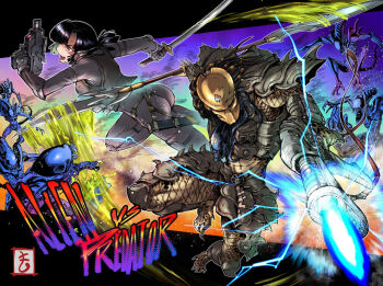 1boy 1girl alien alien_(series) alien_vs._predator armor battle breasts claws combistick crossover dreadlocks fangs gloves gun helmet hev_suit highres hive holding holding_weapon katana long_hair matutoya monster open_mouth predator_(character) predator_(series) science_fiction short_hair shoulder_armor shoulder_cannon sword tail teeth thigh_armor weapon wrist_blades xenomorph