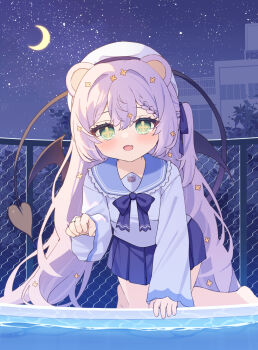 1girl :d all_fours animal_ears bear_ears beret black_wings blue_bow blue_sailor_collar blue_skirt blush bow braid braided_bangs building chain-link_fence commentary_request commission crescent_moon cross-shaped_pupils demon_girl demon_tail demon_wings fang fence green_eyes hair_between_eyes hair_bow hair_intakes hat highres la_peche_party long_hair long_sleeves looking_at_viewer moon night night_sky one_side_up open_mouth outdoors paw_pose pleated_skirt pool poolside purple_hair sailor_collar satsuki_yukimi school_uniform serafuku shirt shizuki_tsumiki skeb_commission skirt sky sleeves_past_wrists smile solo star_(sky) starry_sky symbol-shaped_pupils tail very_long_hair virtual_youtuber water white_hat white_shirt wings