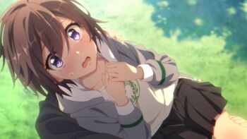 Rule 34 | 1boy, 1girl, black skirt, blush, brown hair, carrying, collarbone, cygames, dot nose, embarrassed, game cg, grass, grey hoodie, grey jacket, hood, hoodie, jacket, knee blush, long sleeves, looking at viewer, miniskirt, official art, open mouth, pleated skirt, princess carry, princess connect!, purple eyes, shirt, short hair, skirt, sweatdrop, thighs, tomo (princess connect!), tomo (real) (princess connect!), white shirt, yuuki (princess connect!)